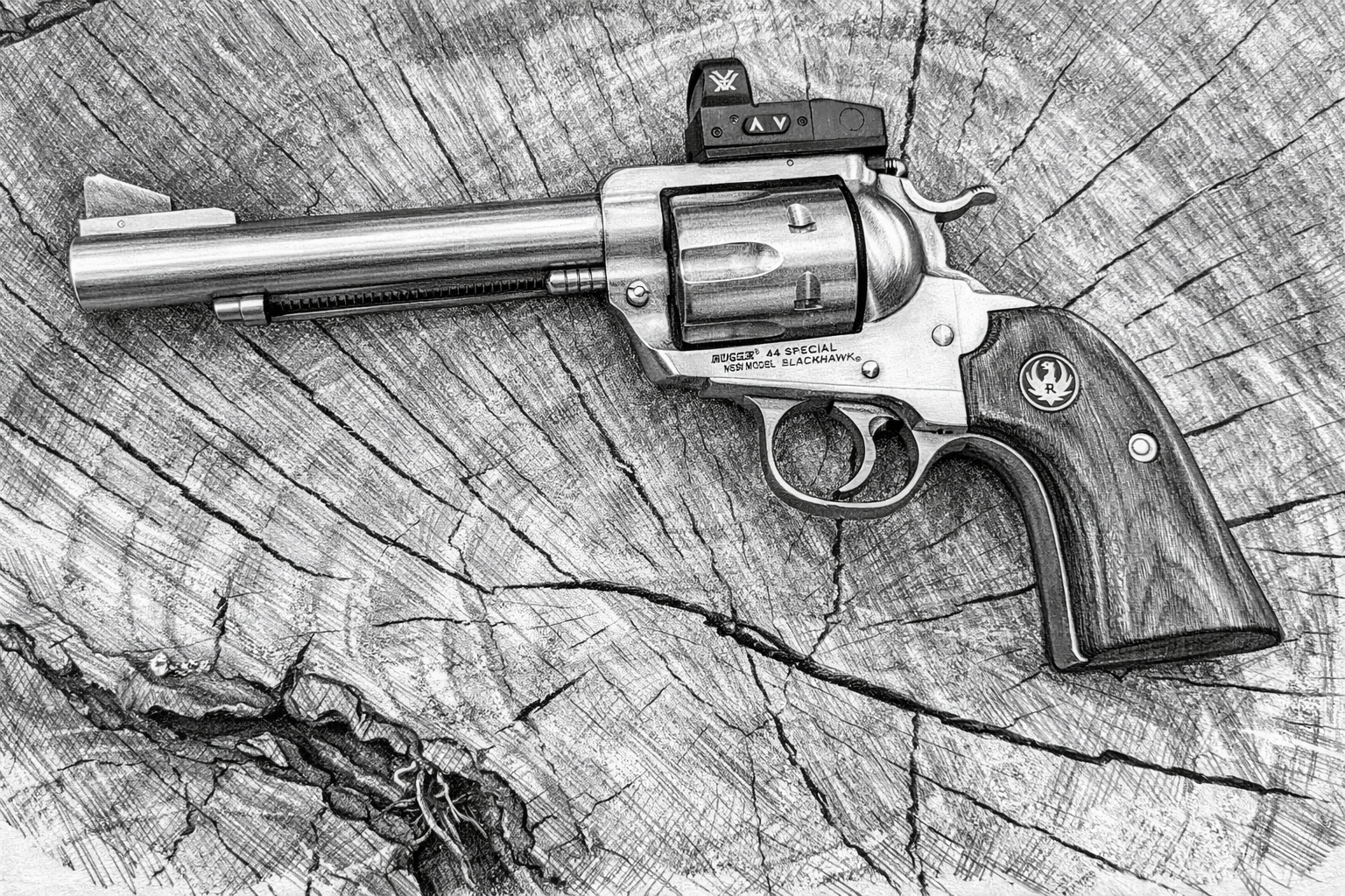 Hand-drawn sketch of a Ruger Blackhawk .44 Special revolver with red dot optic.
