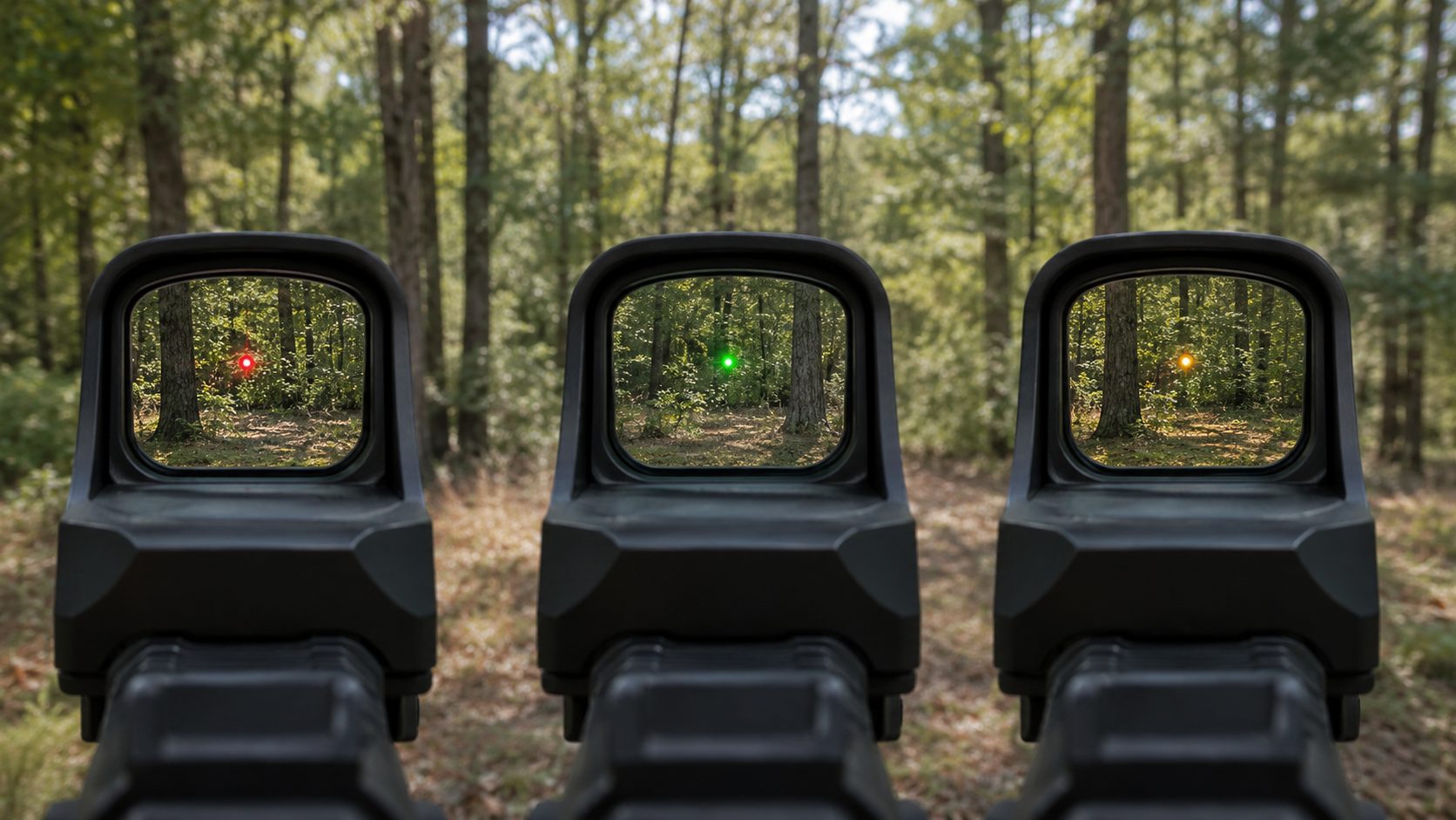 Red, green, and gold pistol red dot reticles viewed through three reflex sights against a forest background.